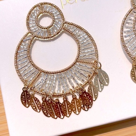 Brand New Persimmon Glass Beaded Gold Tone Leaf Round Drop Earrings Lightweight - Picture 7 of 14